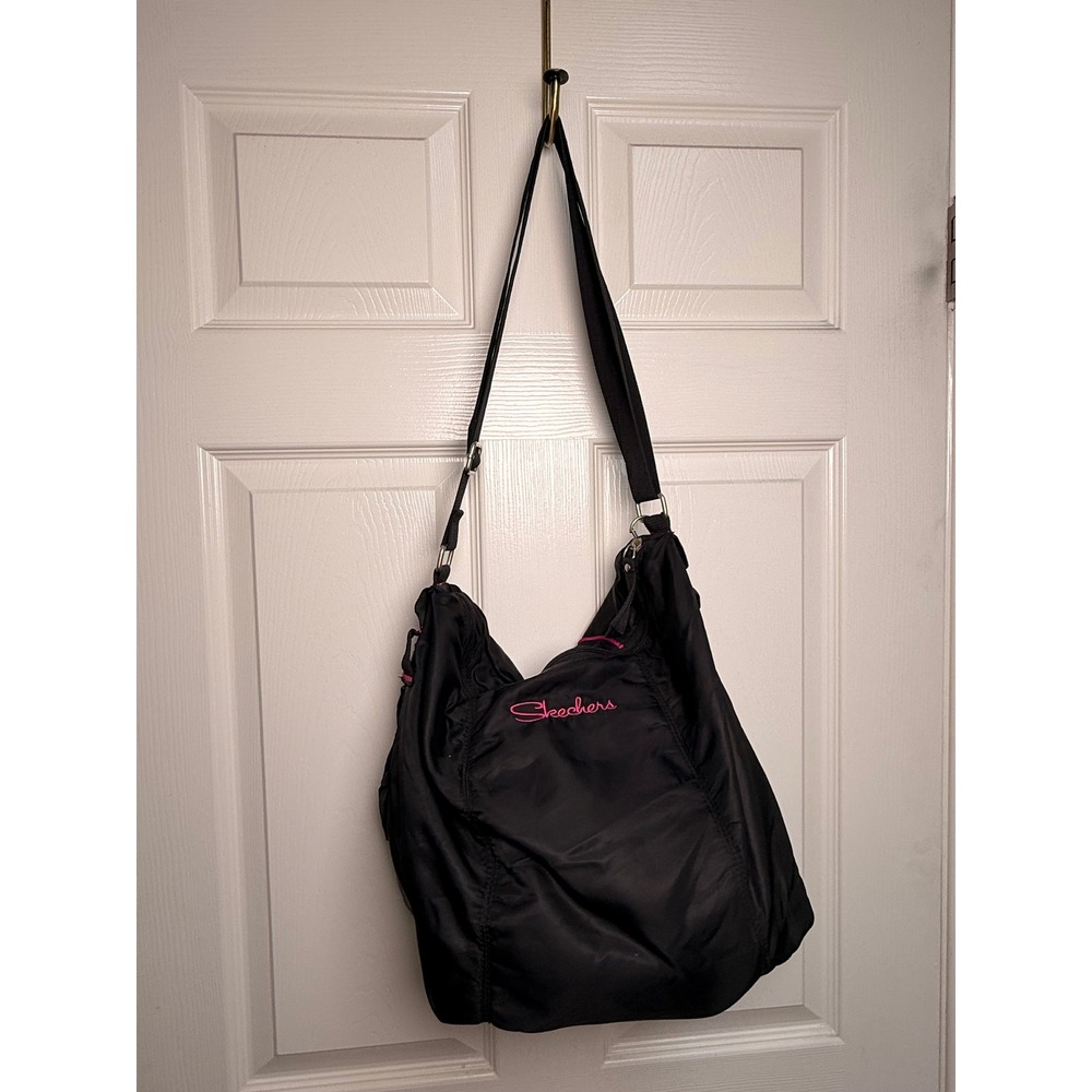 Skechers Black Nylon Crossbody Hobo Bag Pink Logo Large Travel Gym Tote M144757
